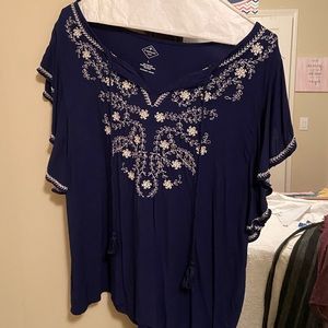 Navy and White Embroidered Top